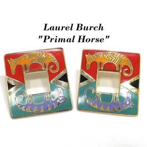 Laurel Burch "Primal Horse" Large Post Earrings, Gold Plated Cloisonné Enamel